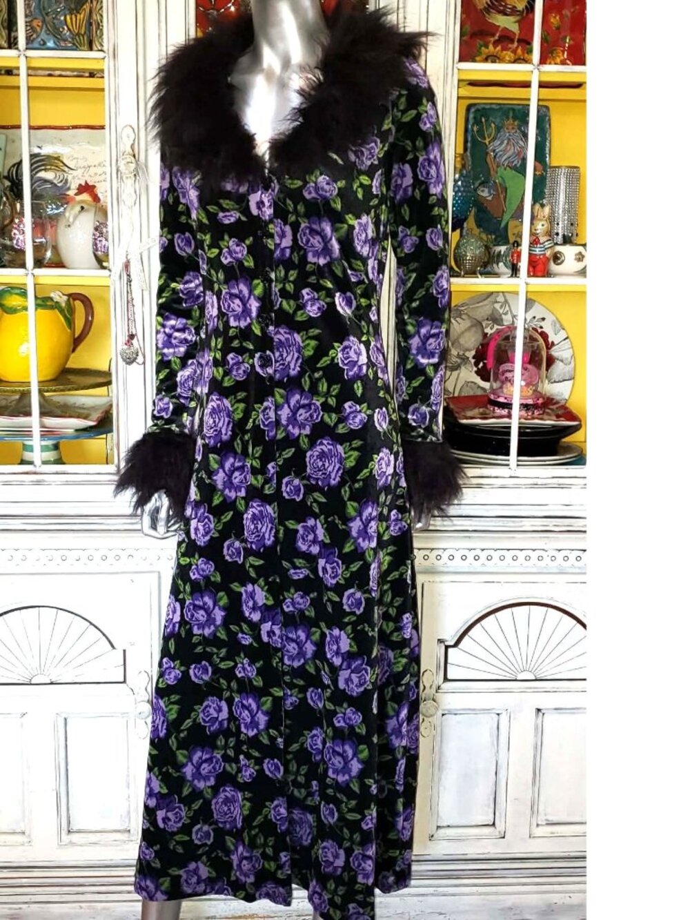 Betsey Johnson Black Velvet Floral Faux Fur Duster Opera Coat Long Dress Jacket - Picture 11 of 16